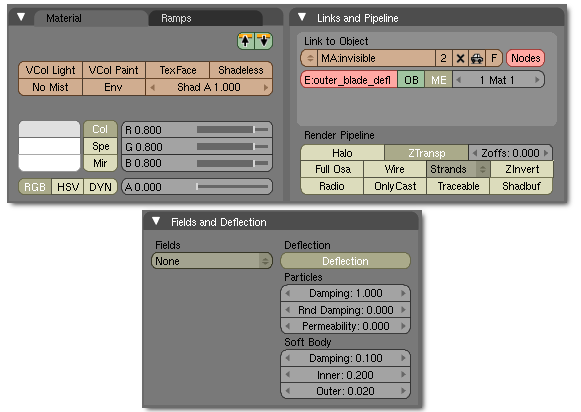 Force field and material settings.